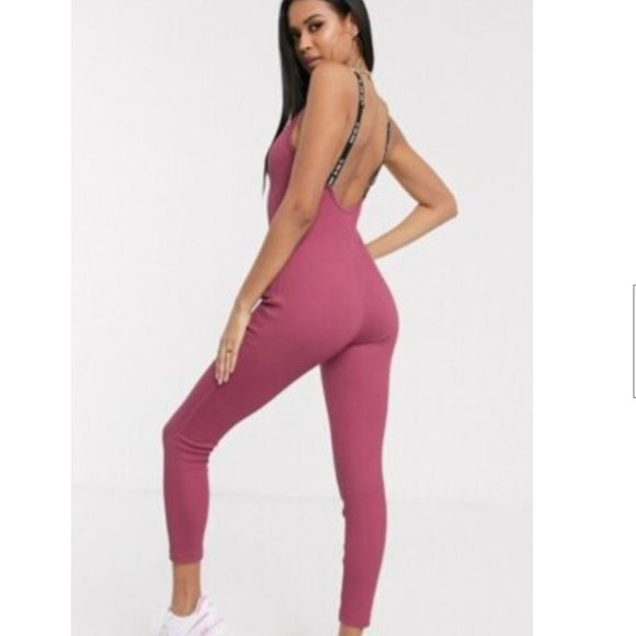 NWOT Nike JDI Plunge Back Ribbed Jumpsuit Pink - Picture 3 of 12